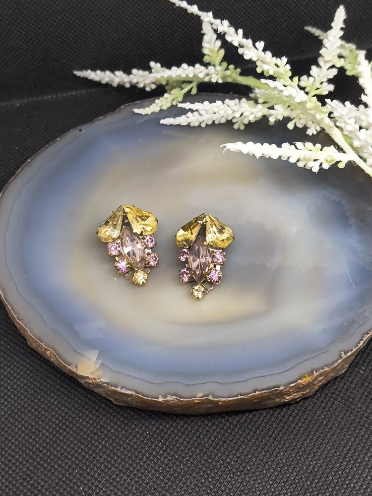 Vtg Yellow Lavender Czech Glass Rhinestone Clip On Earrings