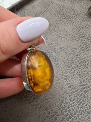 Vintage Baltic Amber Pendant Sterling Silver 925 Round Shape Flower