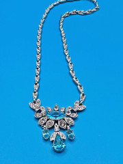 ORA Necklace Vintage 1940’s Blue Rhinestones Silver Tone Collar Length Signed