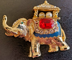 Elephant Brooch Gold Tone, Rhinestones, 2 Fauz Pearls, Green Eye, Blue Enamel