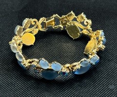 Vintage Blue Moonstone Cabochon Bracelet AB Rhinestones Gold Tone Mid Century