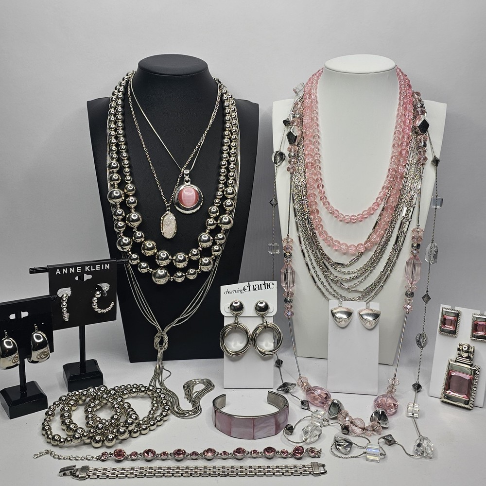 Vintage 21 pc. Silver Pink Jewelry Lot Claiborne Napier Klein Necklace Earring