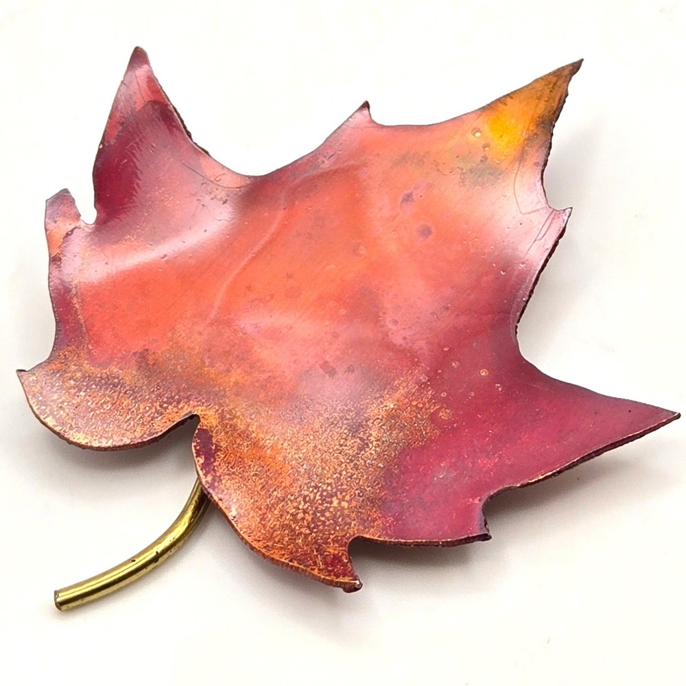 Vintage Enameled Copper Brooch Maple Leaf Red Orange Fall Autumn Pin Handcrafted
