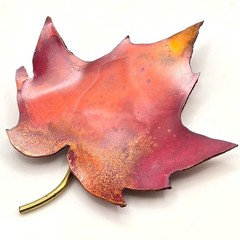 Vintage Enameled Copper Brooch Maple Leaf Red Orange Fall Autumn Pin Handcrafted