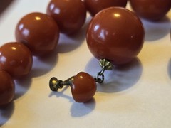 Antique BAKELITE NECKLACE Tapered Beads w RARE MATCHING EARINGS 3 pc Red Orange
