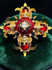 Vintage RJ Graziano Maltese Cross Red Enamel Brooch Pin Gold Tone Blue Baguettes