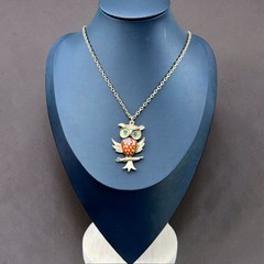 Vintage 1970s Owl Pendant Necklace Gold Tone Glazed Ceramic Orange Brown 24”