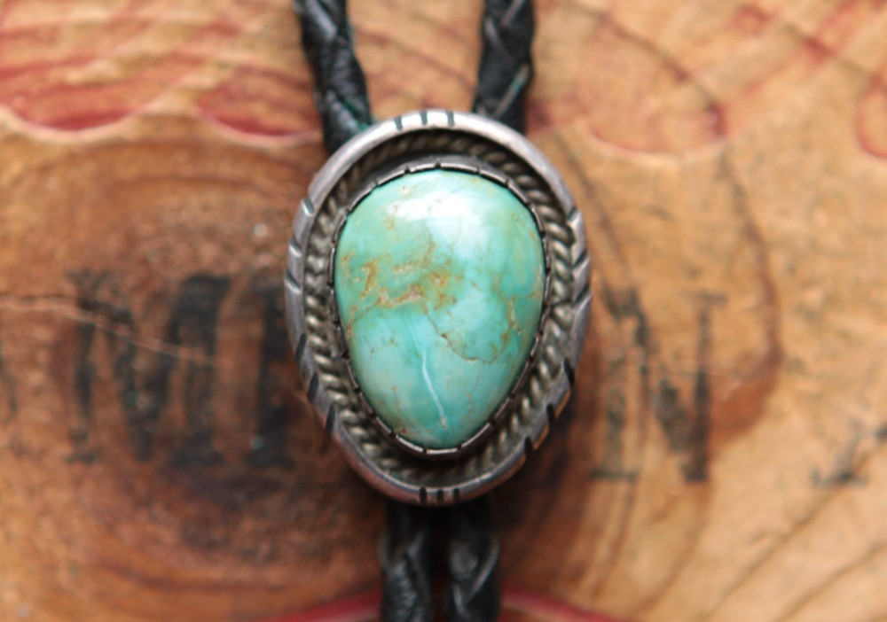Vintage Native American Sterling Silver Turquoise Bolo Tie