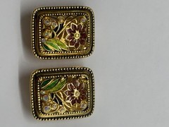 JOAN RIVERS Goldtone Cloisonne Aurora Borealis Rhinestones Flower CLIP EARRINGS