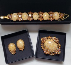 Juliana D&E Faux Honey Malachite Marble Bracelet Brooch Earrings Set Book Piece