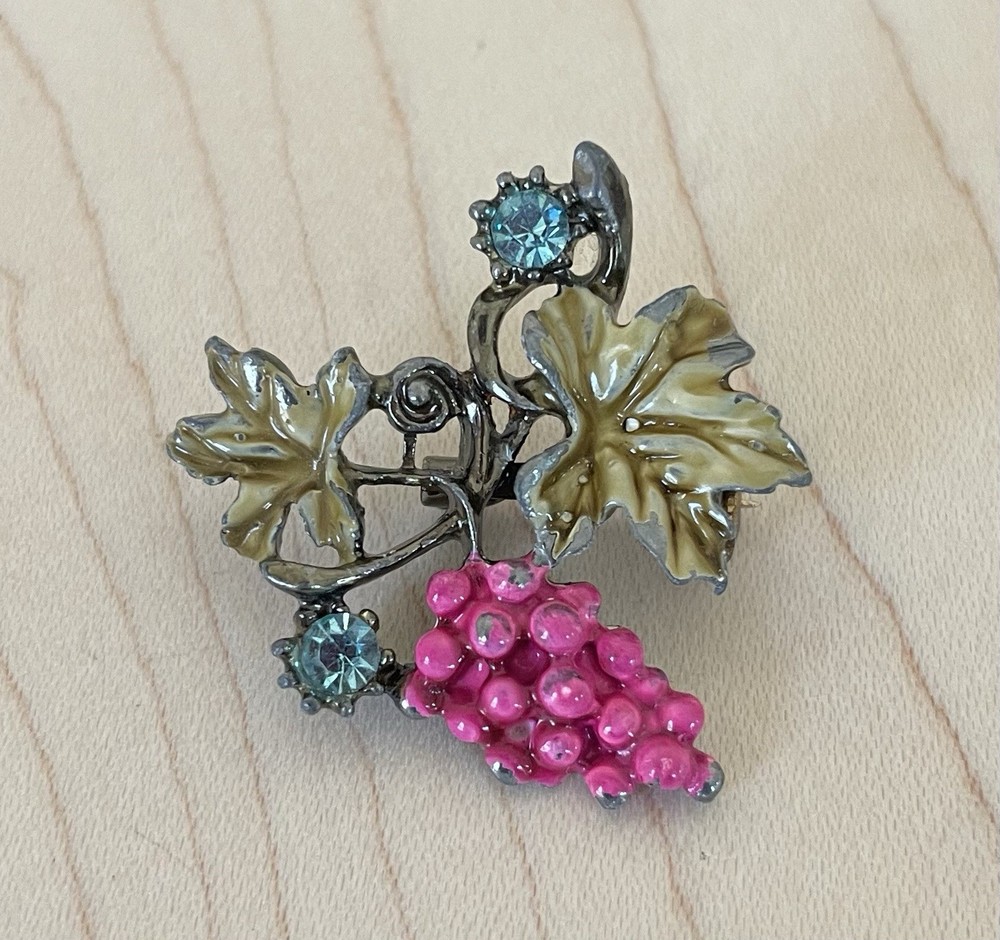 Vintage Grape Enamel Blue Rhinestone Gray Metal Brooch Pin