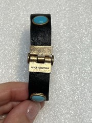 Vintage Juicy Couture Black Faux Leather Band Bracelet Blue Stones Brass 7”