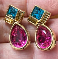 Signed Vintafe Gold Tone Pink and Green Swarovski Crystal Earrings!