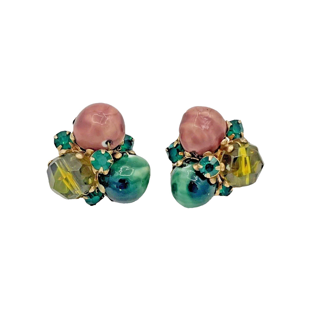 Vintage Vogue Gold Tone Beaded & Rhinestone Clip On Earrings | Retro Costume