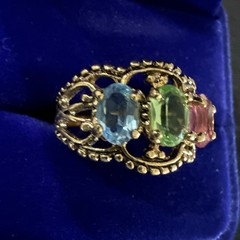 Vintage Pastel Blue Pink Green Costume Ring Gold Electroplate Marked SETA Sz 10