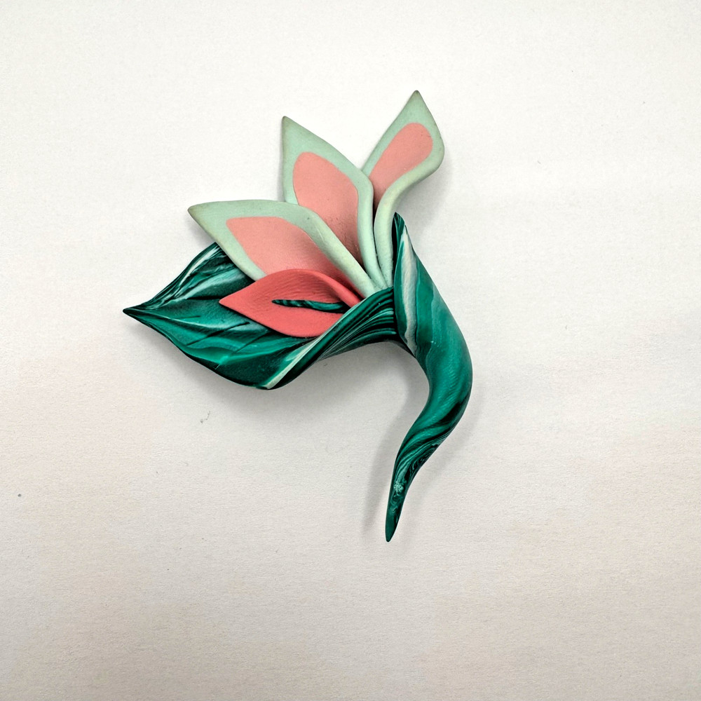 Polymer Clay Flower Brooch Pink Green Handcrafted Tropical Pin Signed 3.5″