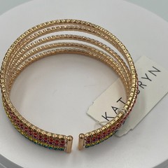 Vintage Kat + Bryn Gold Tone Rainbow Rhinestone 5 Row Open Cuff Bangle Bracelet