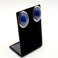 Modernist Navy Blue Slight Dome Lucite Oval Polished Gold Tone Pierced Earrings