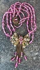 Early Miriam Haskell 3 Strand Pink Glass Filigree Wired Beads Festoon Necklace