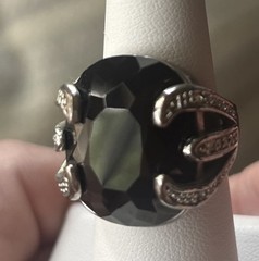 VTG Large Round Onyx Faceted Glass Gorgeous Stone With Rhinestone Accents 5.75