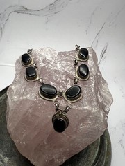 VTG 925 Sterling Silver Rope Trim Accent Oval Black Onyx Statement Necklace