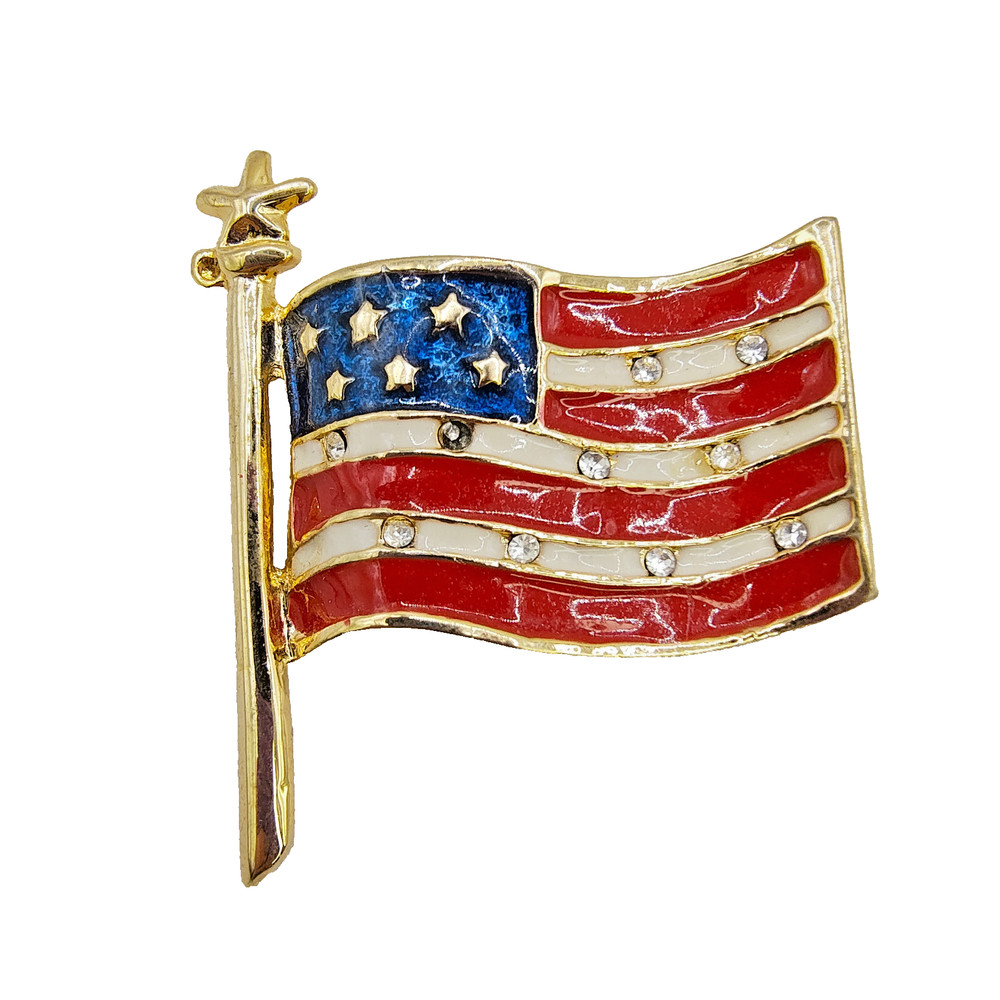 VTG American Flag Brooch Pin Gold Tone Red Blue Enamel Rhinestone Patriotic