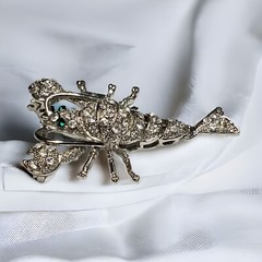 Vtg Mid Century Silver Tone Lobster Brooch Pave Crystals Rhinestones Articulated