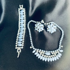 Vintage Light Blue Milk Glass Rhinestone Necklace Bracelet Earrings Jewelry Set