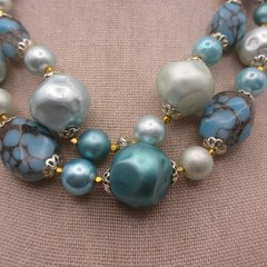 Vintage Beaded Necklace Blue Layered Japan 16 inch