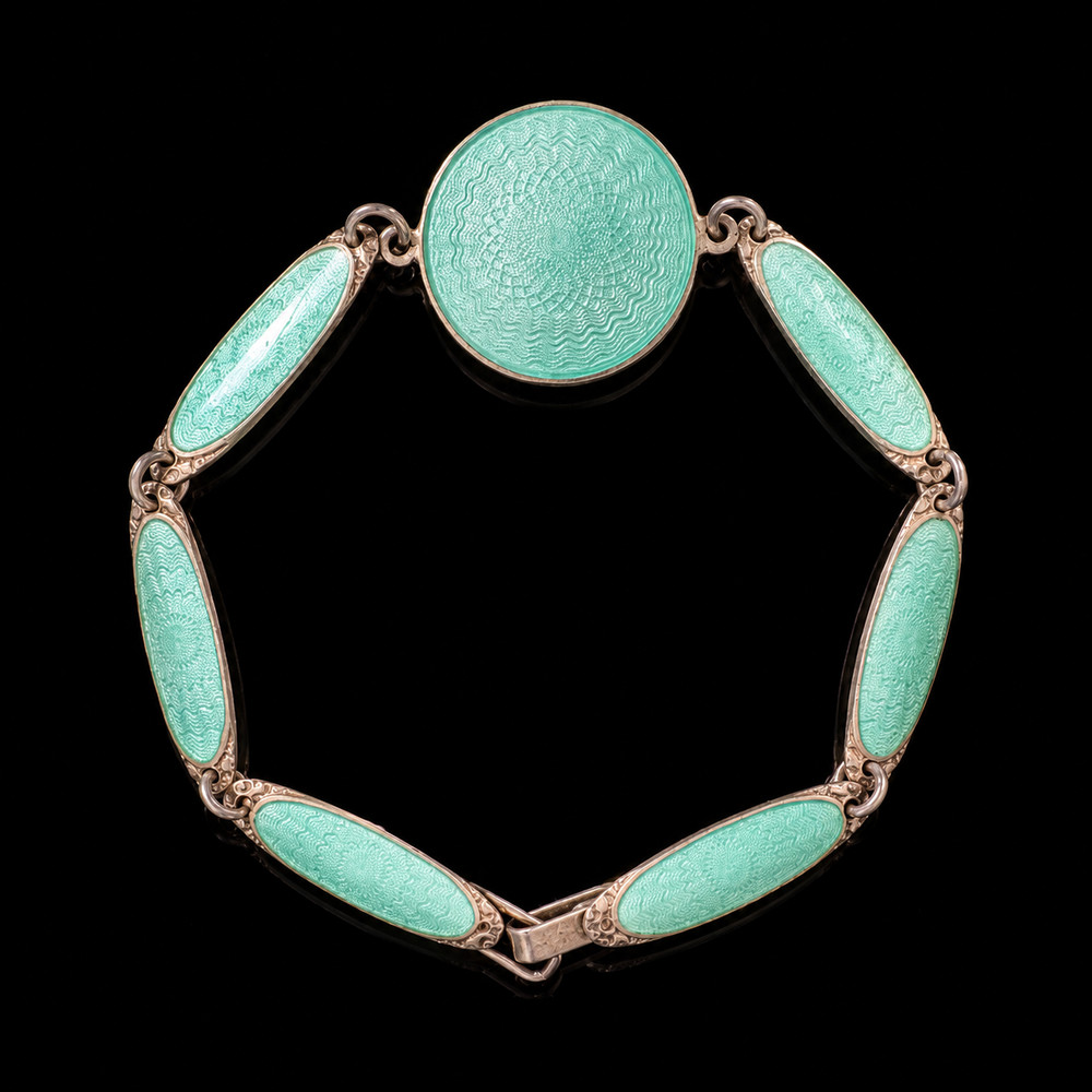 G. Rørvik Norway Sterling Silver Guilloche Enamel Bracelet 925S Teal Green 6″