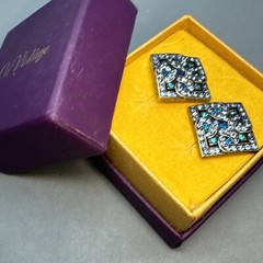 LaVintage Signed Art Deco Style Blue Rhinestone Antiqued Brass Earrings NIB