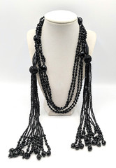 Antique Art Deco French Jet Black Glass Sautoir Open End Tassel Flapper Necklace