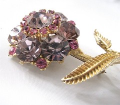 Vintage EdLee Lavender Pink Rhinestone Flower Brooch Pin Gold Plated Dazzling 3″