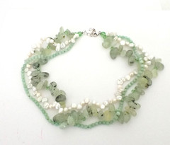 Vintage Multi Strand Necklace Freshwater Pearls & Pale Green Prehnite Gemstones