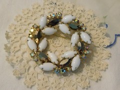 Vintage Milk Glass Navette Aurora Borealis Rhinestone Prong set Brooch 1950-1960