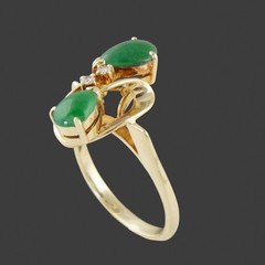 Retro Modernist Solid 14K Yellow Gold, Green Jade Cabochon & Diamond Estate Ring