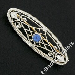 Antique Edwardian Krementz 14k Gold Montana Sapphire Open Filigree Oval Brooch