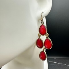 Gold-Tone Faceted Red Glass Stone Teardrop Dangle Drop Chandelier Earrings Retro