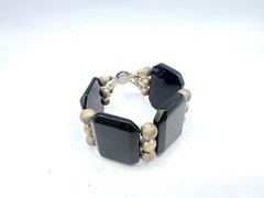 Vintage Chunky Black Stone Gemstone Silver Bead Wide Bracelet RO-DO NOS Saks
