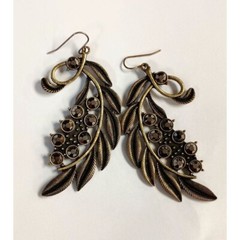 Vintage Bronze Leaf Hook Earrings Marcasite Stones- Boho Chic Statement Jewelry