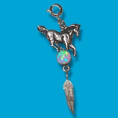 925 Sterling Silver Blue Fire Opal Horse Feather Clip-On Charm Pendant