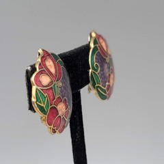 Vintage Butterfly Cloisonne Enamel Clip on Earrings Flowers Gold tone Drop 1 in
