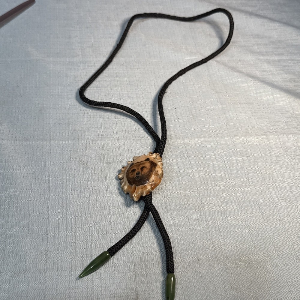 Vintage Western Cowboy Antler Panted Bear Bolo Tie Necktie Bow tie Jade Signed