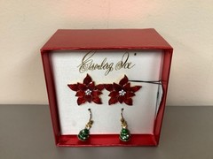 Vtg Poinsettia Red Enamel & Green Bell pierced Earrings-signed-Eisenberg Ice-New