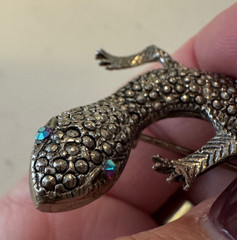 VINTAGE GECKO/LIZARD BROOCH/PIN SILVER 3.75 INCHES MARCASITE