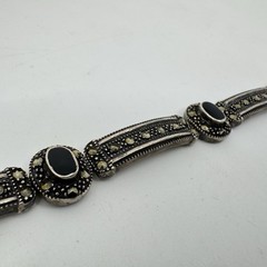 Vintage Sterling Silver 925 Marcasite and Black Onyx Link Bracelet 7.5 Inches