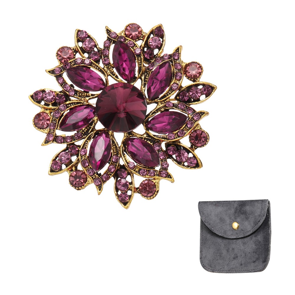 Vintage Crystal Rhinestone Brooch 2.1 Inch Flower Brooch Purple
