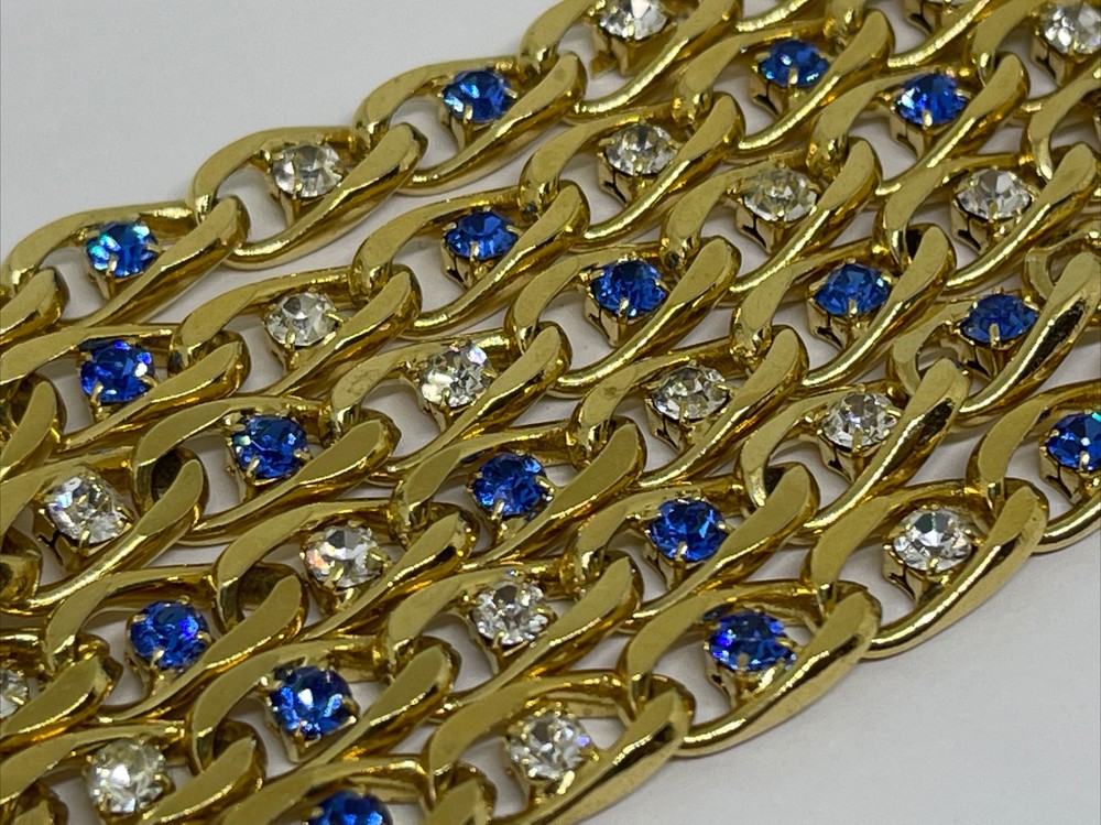 Vintage NECKLACE Chain Link w Clear & Blue Sapphire Rhinestones 22” L x 5.7mm W