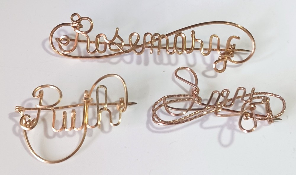 Lot of 3 Vintage Gold-tone Wire Wrap Script Name Pins: Rosemary, Ruth, Ivy
