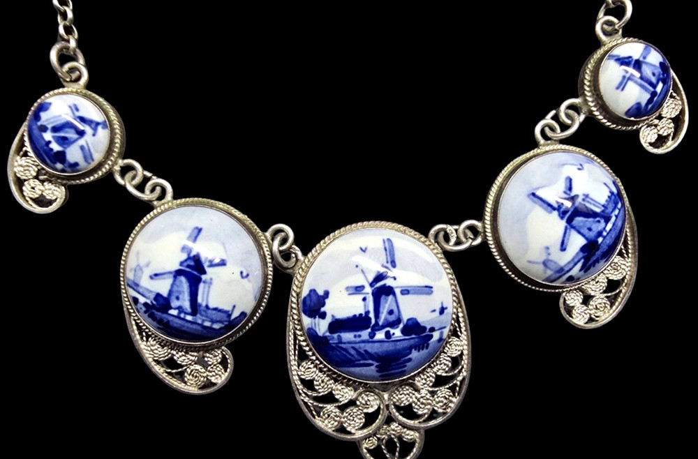 Sterling Silver Porcelain Vintage Delft Blue Ceramic Dutch Jewelry Set
